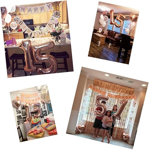 Miniatura 3 de Globos de 40 pulgadas para decoración de cumpleaños de 15 años, decoraciones de cumpleaños para niñas con pancarta de oro rosa, globos de confeti de