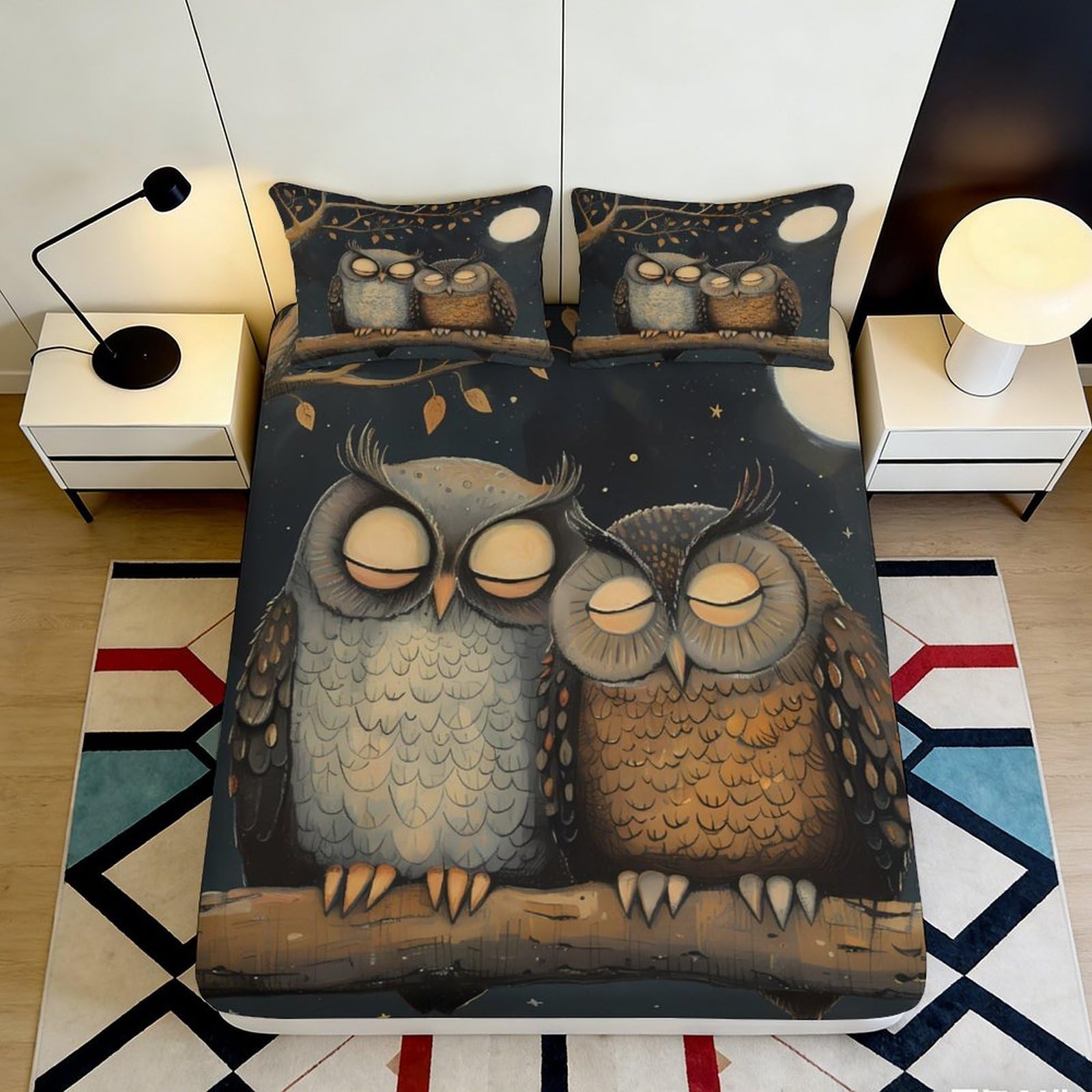 3D Printed Sleeping Owl Fitted Sheet Microfiber Deep Blue Forest Mattress Cover for Bedroom Dorm Guest Room Decor 90x200x25cm