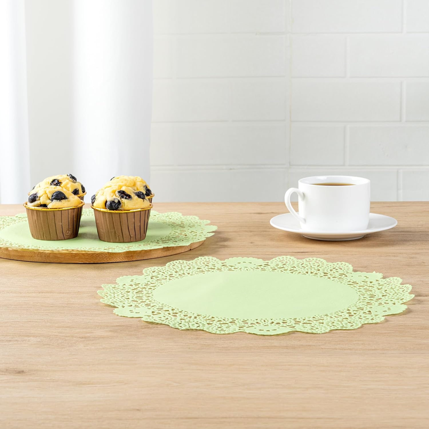 Pastry Tek 12 x 12 Inch Paper Lace Doilies, 100 Disposable Table Doilies - Elegant Lace Finish, Long Lasting, Green Paper Doily, for Pastries, Cupcakes, Desserts - Restaurantware
