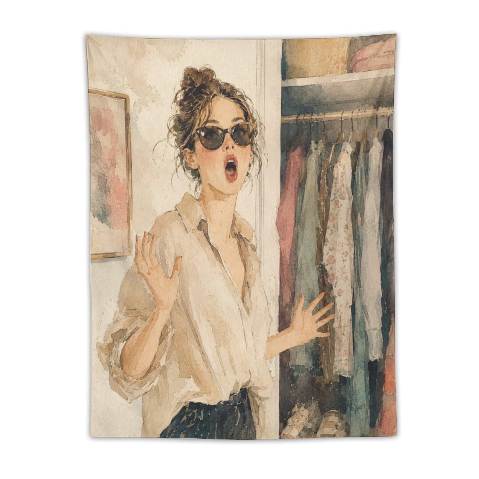 W7C8U2X3 Fashion Woman in Closet Wall Tapestry, Oil Painting, Sunglasses
