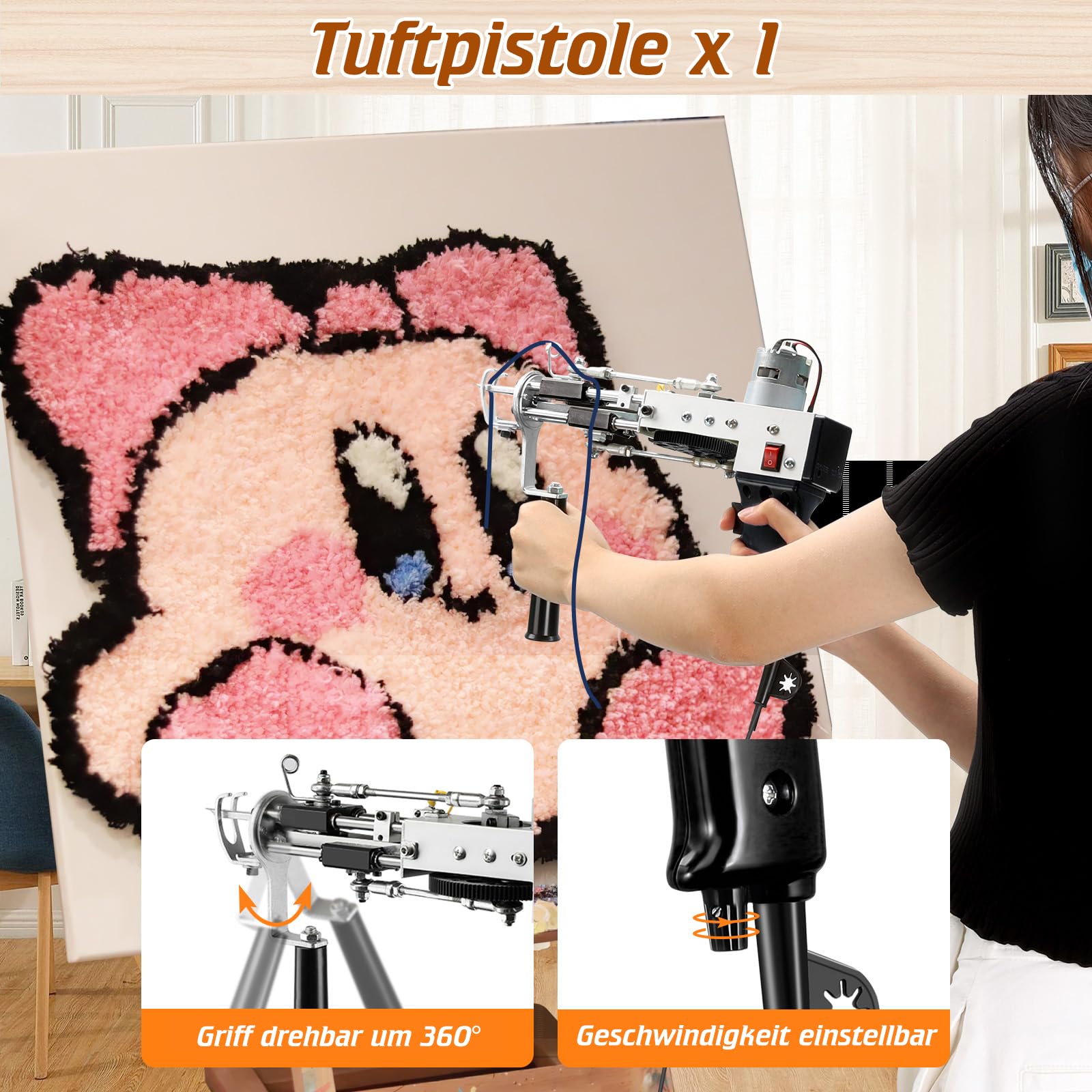 BESGEER Rug Tufting Gun Starter Kit with 75cm x 75cm Wooden Frame, Tufting Kit Complete with Carpet Trimmer, Tufting Pistolen Set für Anfänger und Tufting-Liebhaber (Schwarz)