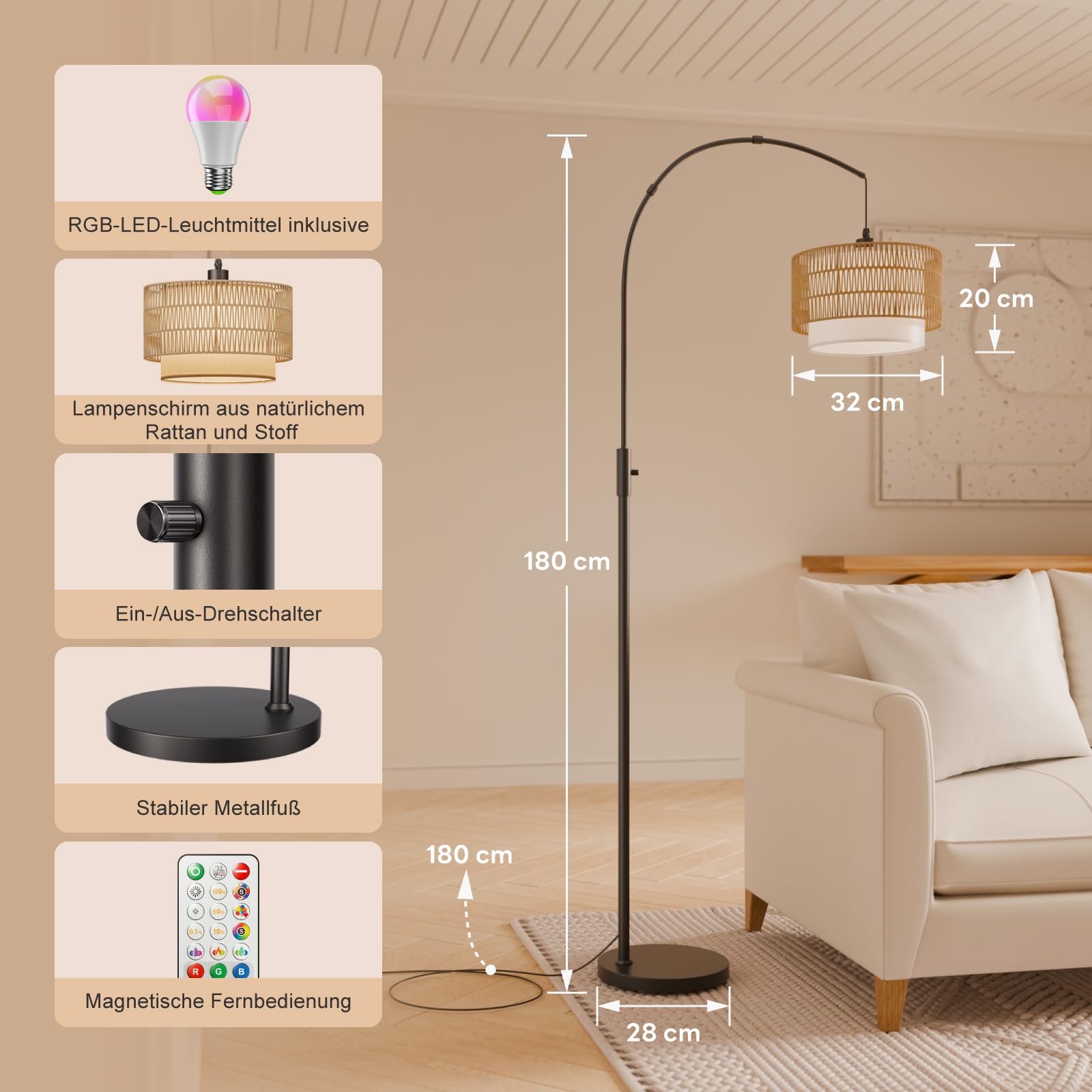 Boho-Bogen Stehlampe RGB, 1600 K Bernsteinlicht/4000K Neutralweiß | 180 cm, 3-in-1-Schirm in Rattan- und Leinenoptik, 10 W 1200 lm, 0,1–100 % dimmbar, Timer, magnetische Fernbedienung