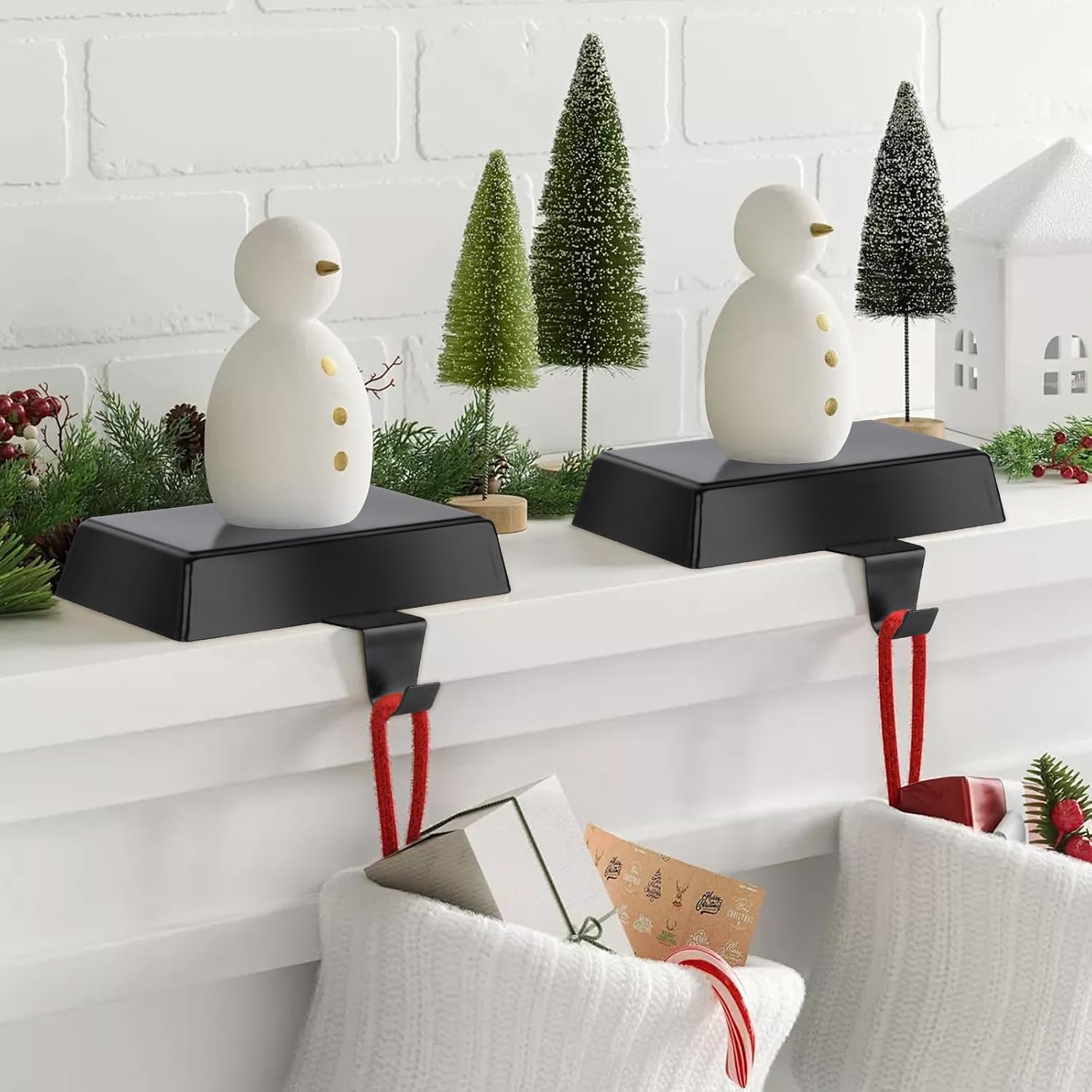 Hooqict 2 Pack Black Christmas Stocking Holder for Mantel Metal Stocking Holders Heavy Duty Christmas Fireplace Garland Wreath Hangers Weighted Hanging Hooks for Christmas Holiday Decorations