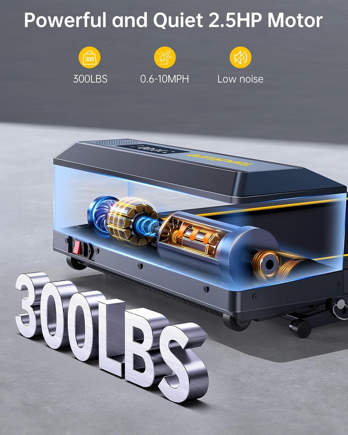 Image showing the powerful 2.5HP motor and the 300 lbs weight capacity of the treadmill.