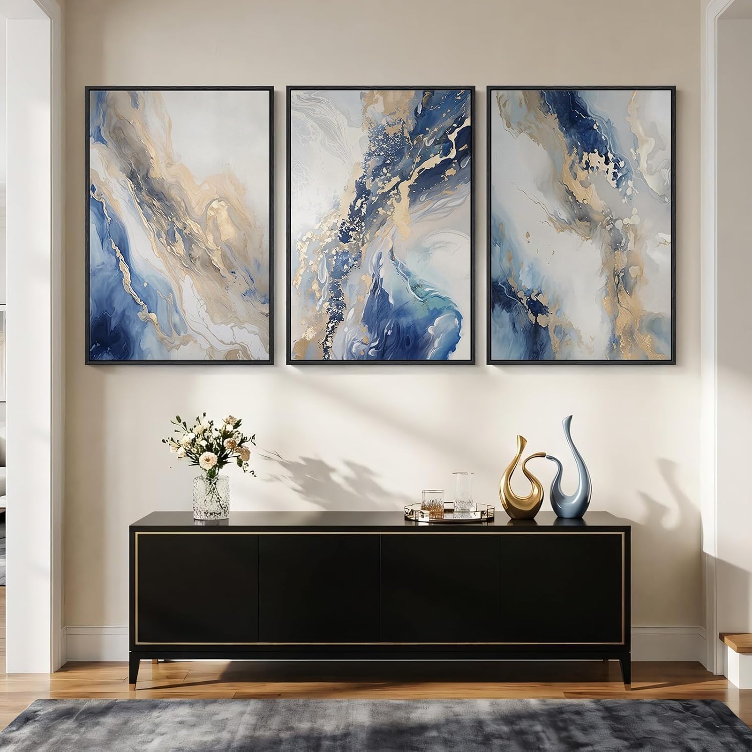 lianyibo Large Abstract Blue and Gold Canvas Wall Art Modern Prints Paintings for Living Room, Bedroom Hallway Wall Decor(70x100cmx3/Frameless)