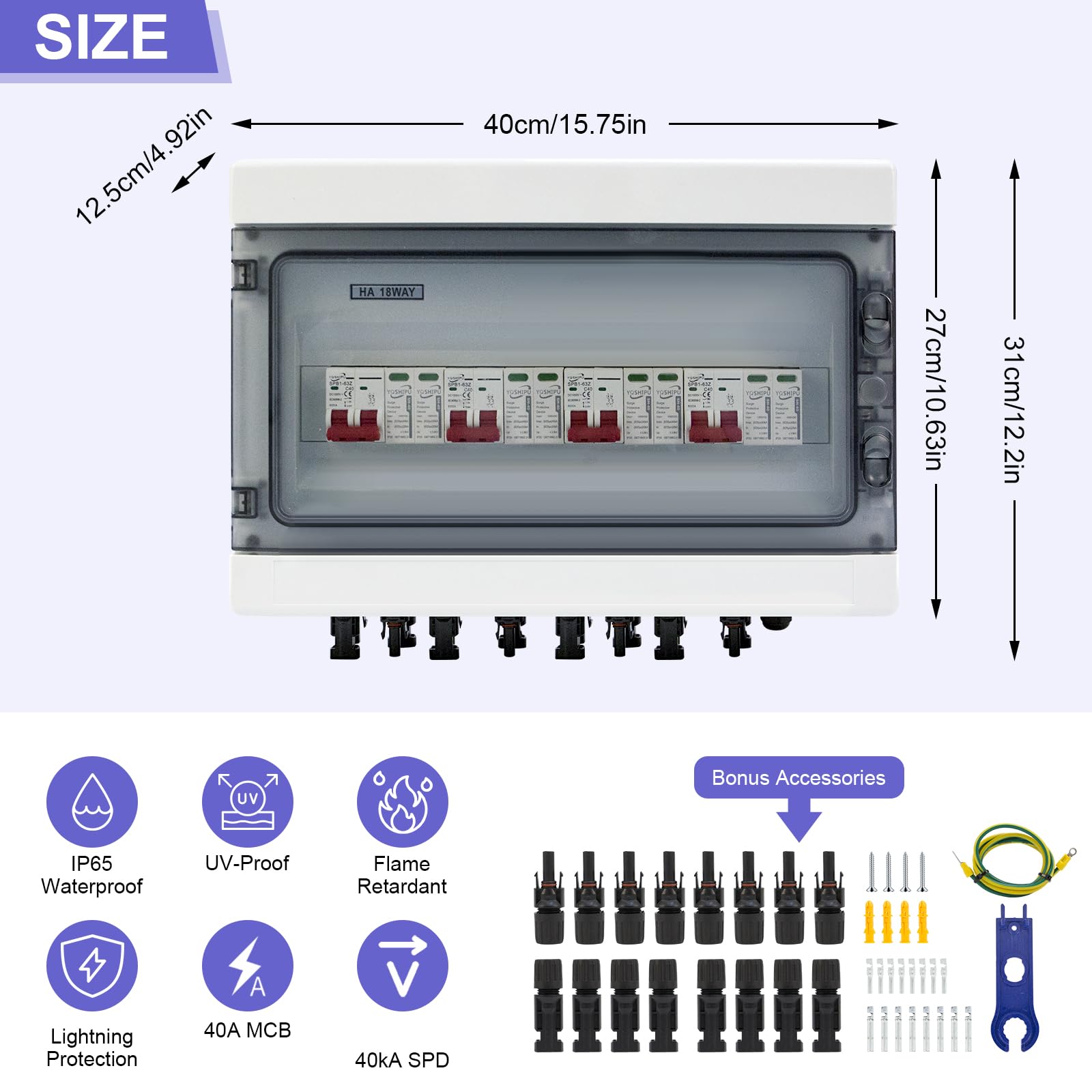 Protección Contra Sobretensiones Fotovoltaica, Disyuntor CC 40 A/1000V, (4 in 4 Out) Disyuntor de Protección contra Rayos, Caja de Conexión Solar Fotovoltaica IP65 a Prueba de Agua