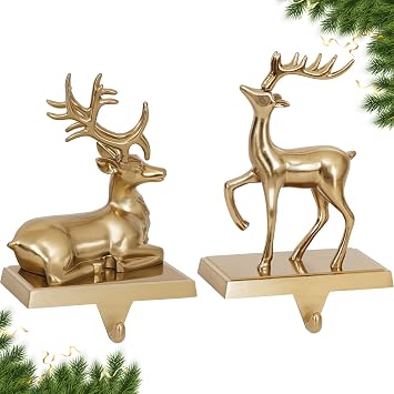 Gold Christmas Stocking Holders for Mantle Set of 2 Reindeer Stocking Hangers Weighted Hooks with Non-Slip Heavy Duty Base for Fireplace Xmas Holiday Party Decoration