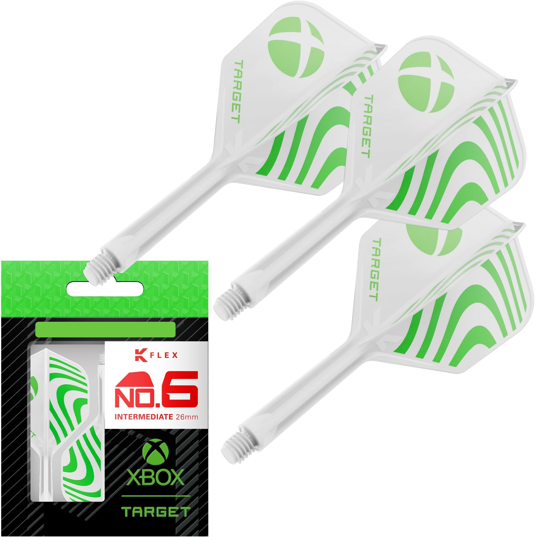 Target Darts Xbox K-Flex Flight & Shaft System, Green & White | No.2 / No.6 Kflex – Short (19mm), Intermediate (26mm), and Medium (33mm) All-In-One K Flex Flights and Shafts