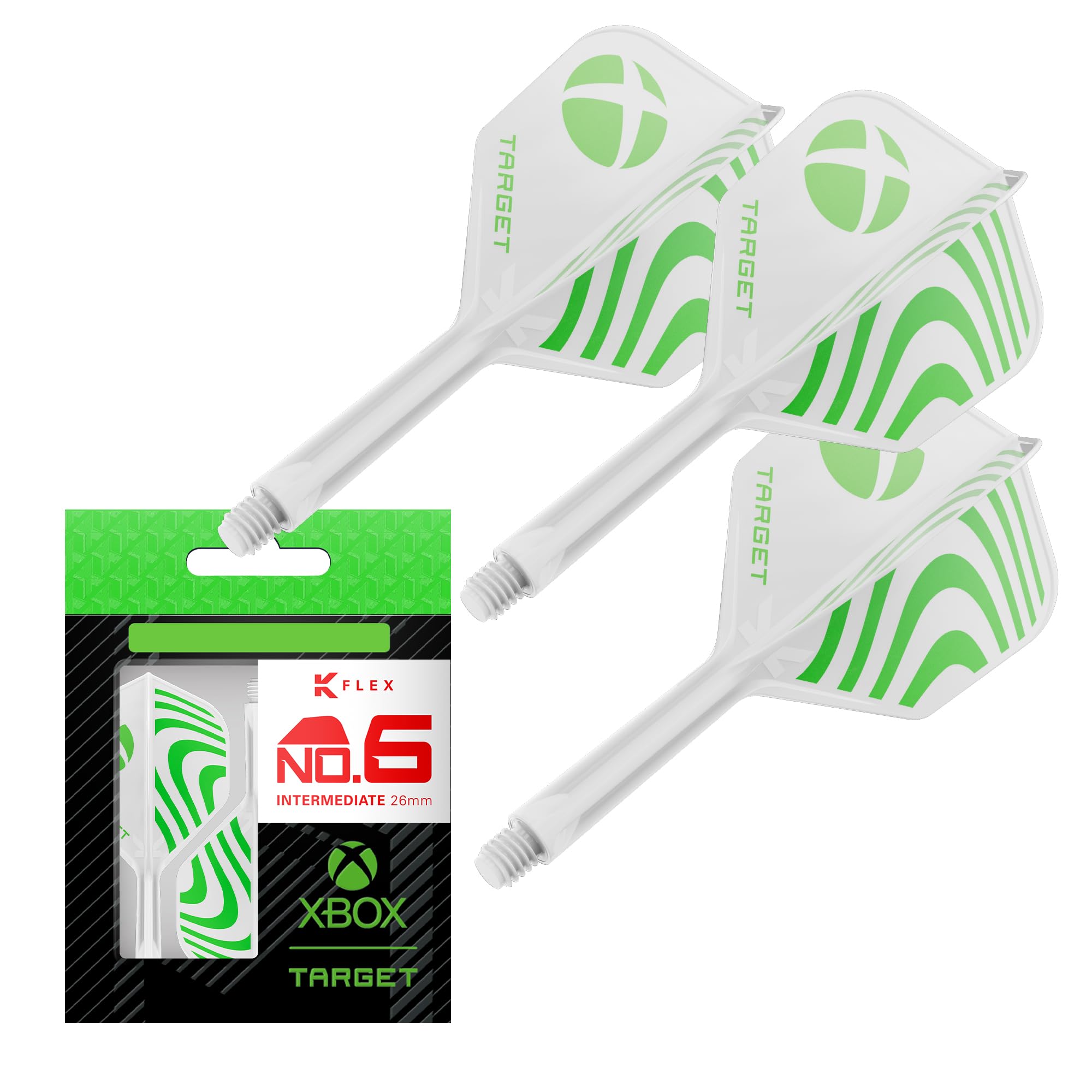 Target Darts Xbox K-Flex Flight & Shaft System, Green & White | No.6 Kflex – Intermediate (26mm) All-In-One K Flex Flights and Shafts, Professional Dart Accessories