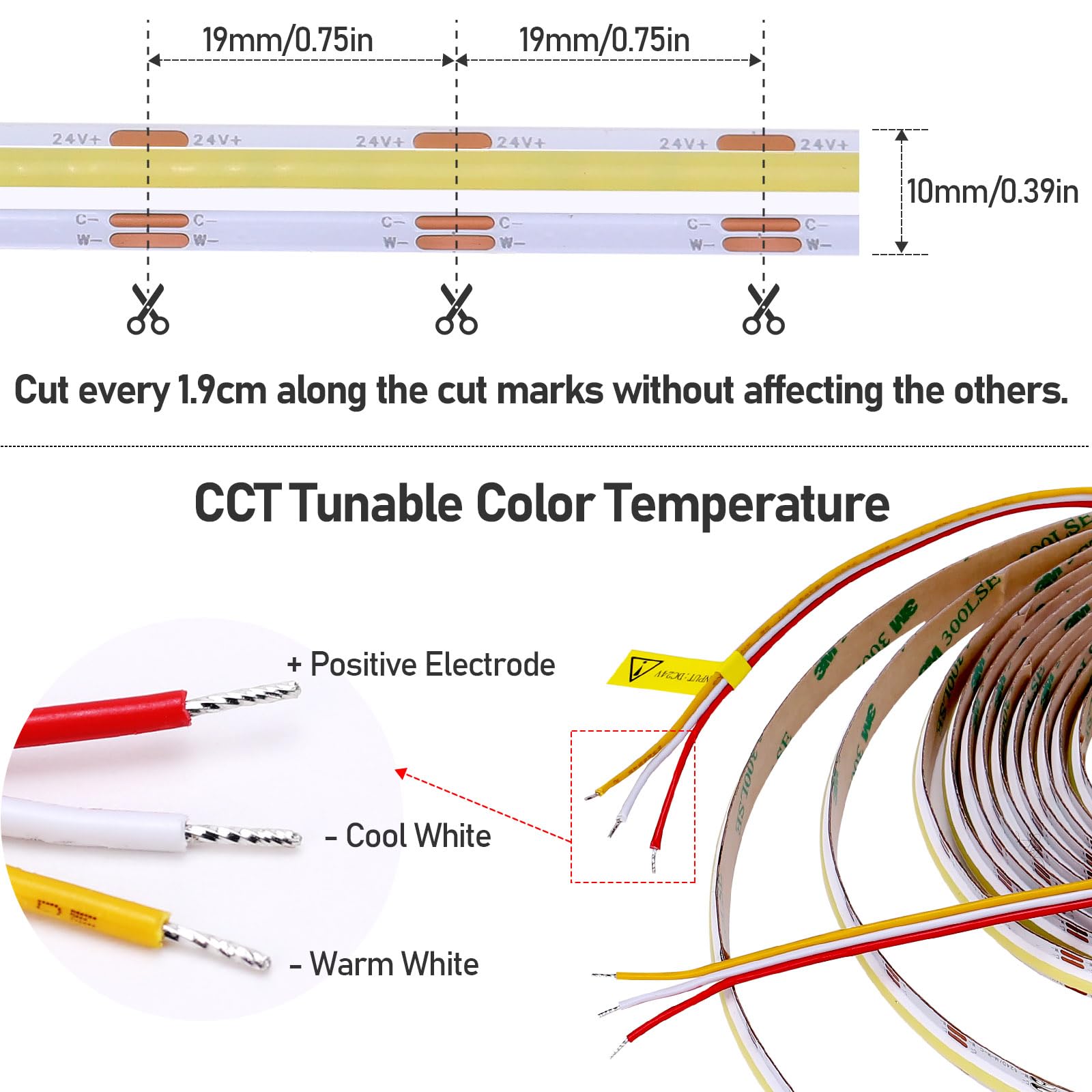 GOMING Linear Scheinwerfer 24V CCT COB LED Streifen 2700K-6500K 10M CRI 93+ | Weiß Abstimmbare 624LEDs/M Nicht Wasserdicht IP20 LED Band für Küche Wohnkultur(CCT Controller und Netzteil Nicht Enthalten)