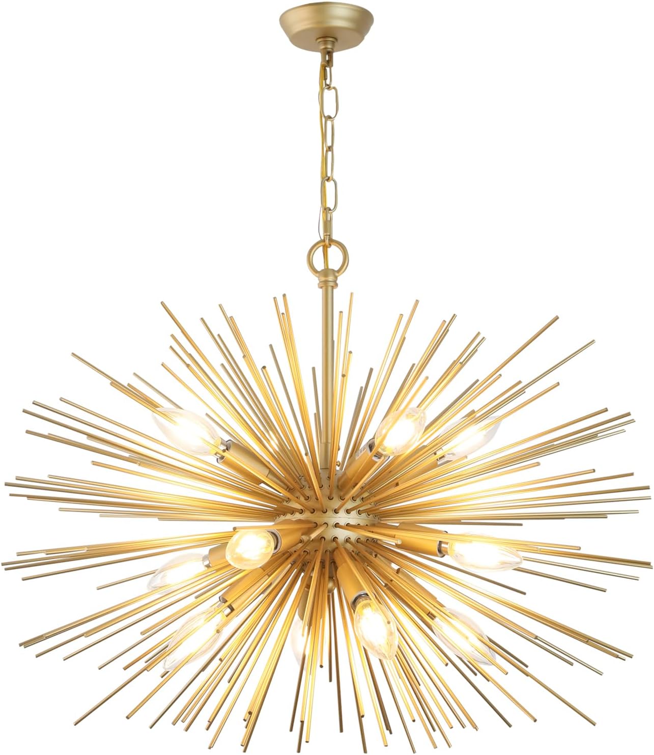 24in Gold Sputnik Chandelier 12-Light Starburst Chandelier Light Fixture Solid Metal Mid-Century Modern Satellite Light Fixture for Dining Room Bedroom Living Room Entryway Kitchen Island E12