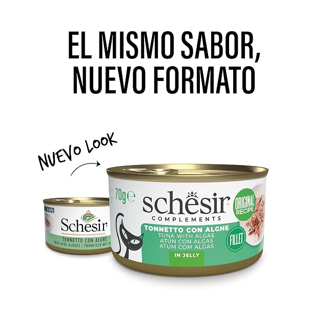 Foto 2 de 8 de Schesir, Filetes de Atún con Algas en Gelatina, Comida Húmeda Complementaria para Gatos, en Latas