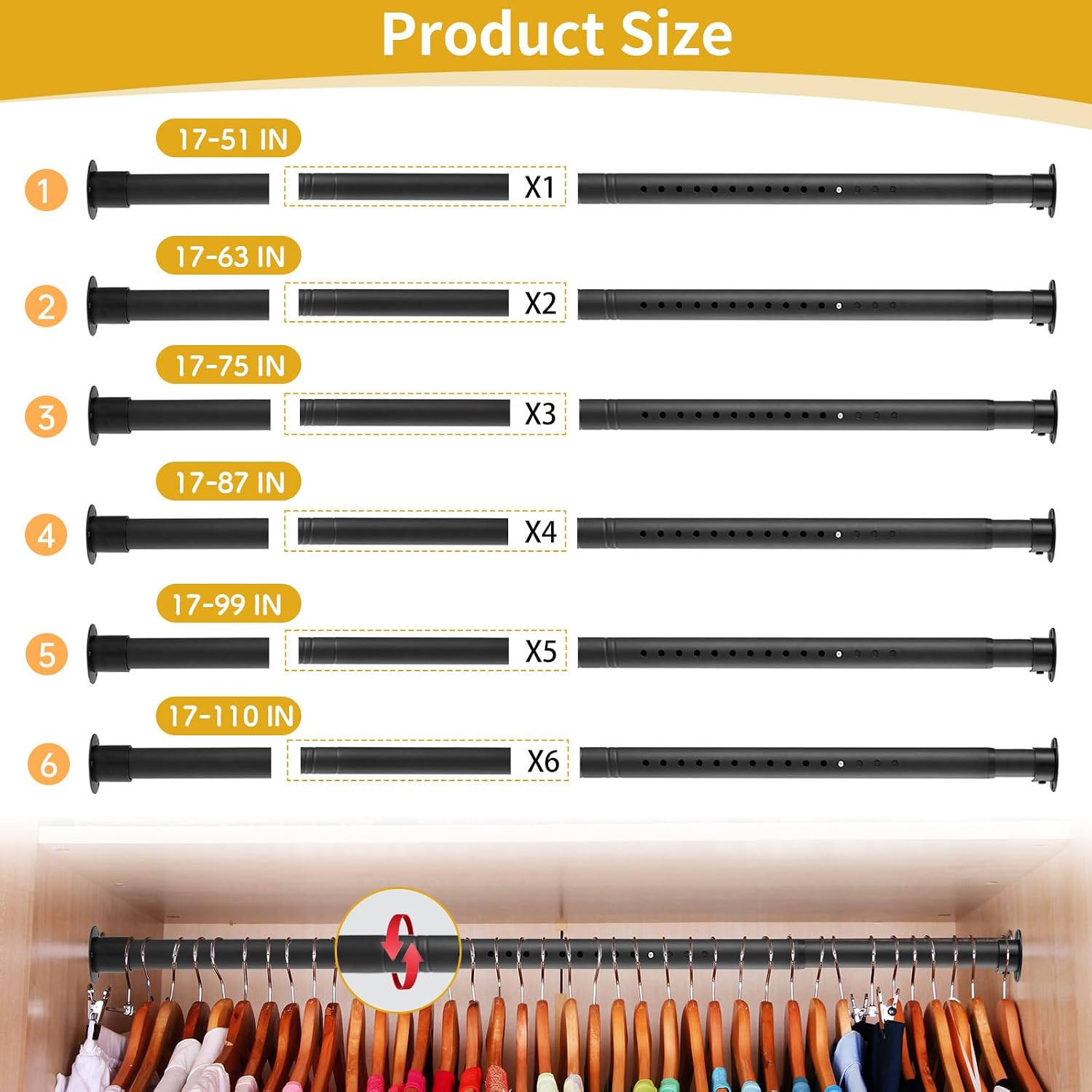Closet Rod, 17 to 110 Inch Adjustable Closet Rod for Rugged Durability,1.3 Inch Diameter Heavy Duty Closet Rods for Hanging Clothes,Premium Metal Black Closet Poles for Wardrobes