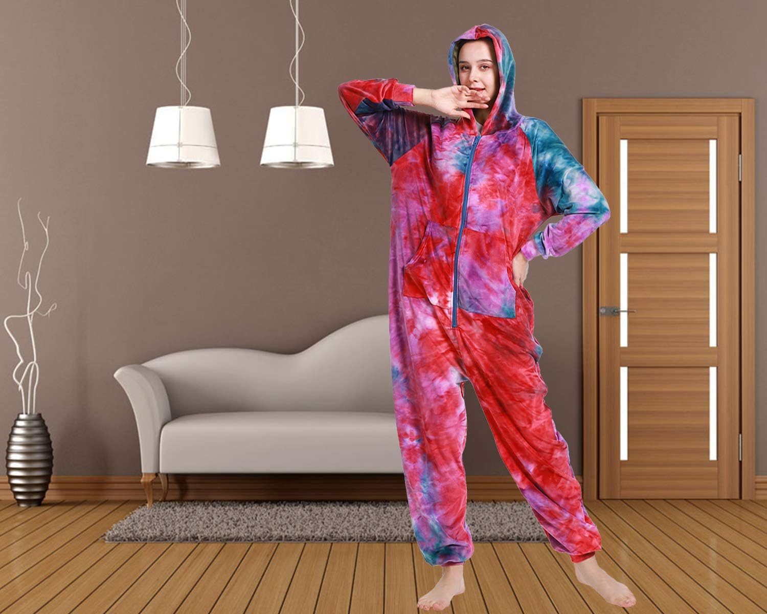 Lifeye Adult Jumpsuit Pajamas Hoodie Homewear Romper Sleepwear Tie Dye Costume for Women Men - Image 5