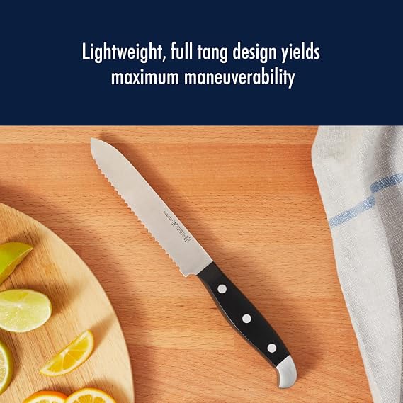 HENCKELS Statement Razor-Sharp 5-inch Serrated Utility Knife, Tomato Knife, German Engineered Informed by 100+ Years of Mastery, Black/Stainless Steel