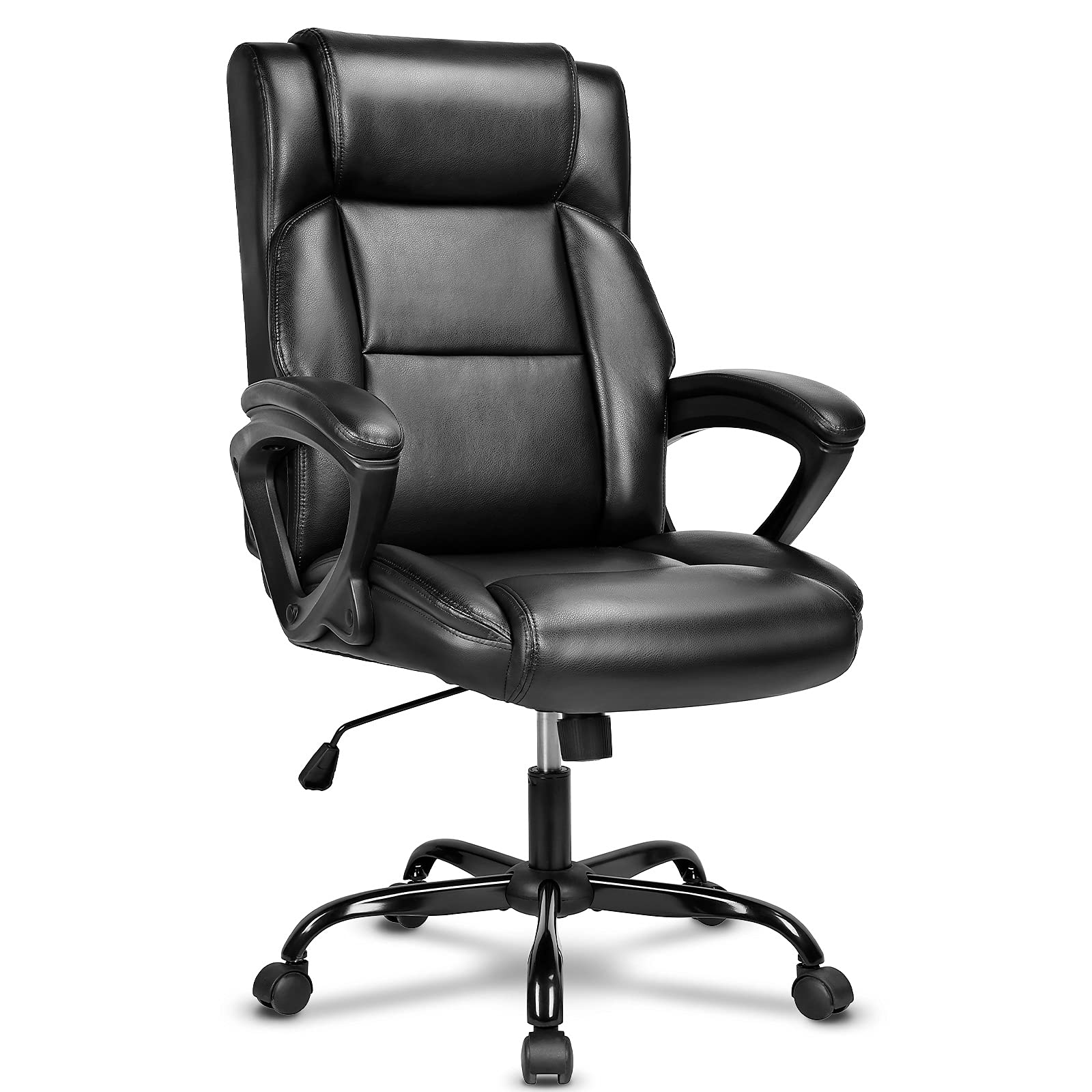 Executive Office Chair, High Back Ergonomic Chairs with Padded Cushion, Heavy Duty PU Leather Chairs Height Adjustable and Soft Armrest Reinforced Comfortable Business Work Desk Chair - Black