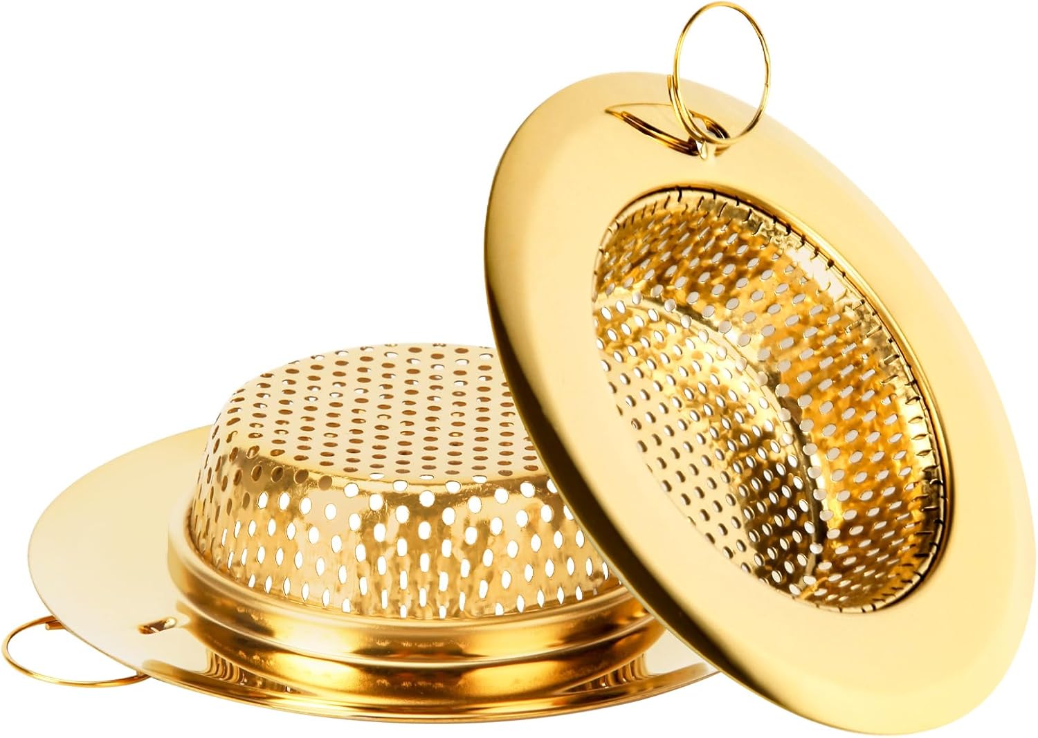 2 Pack Kitchen Sink Strainers with Pull Ring, Large Wide Rim of 4.33 Inches Diameter, Stainless Steel Drain Strainers basket for Kitchen Sink, Dishwasher Safe, Gold