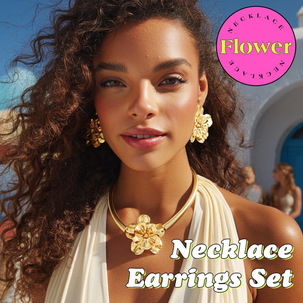 ACEDRE Gold Flower Necklace and Earrings Set Floral Prom 2pcs Jewelry Sets for Women - Image 3