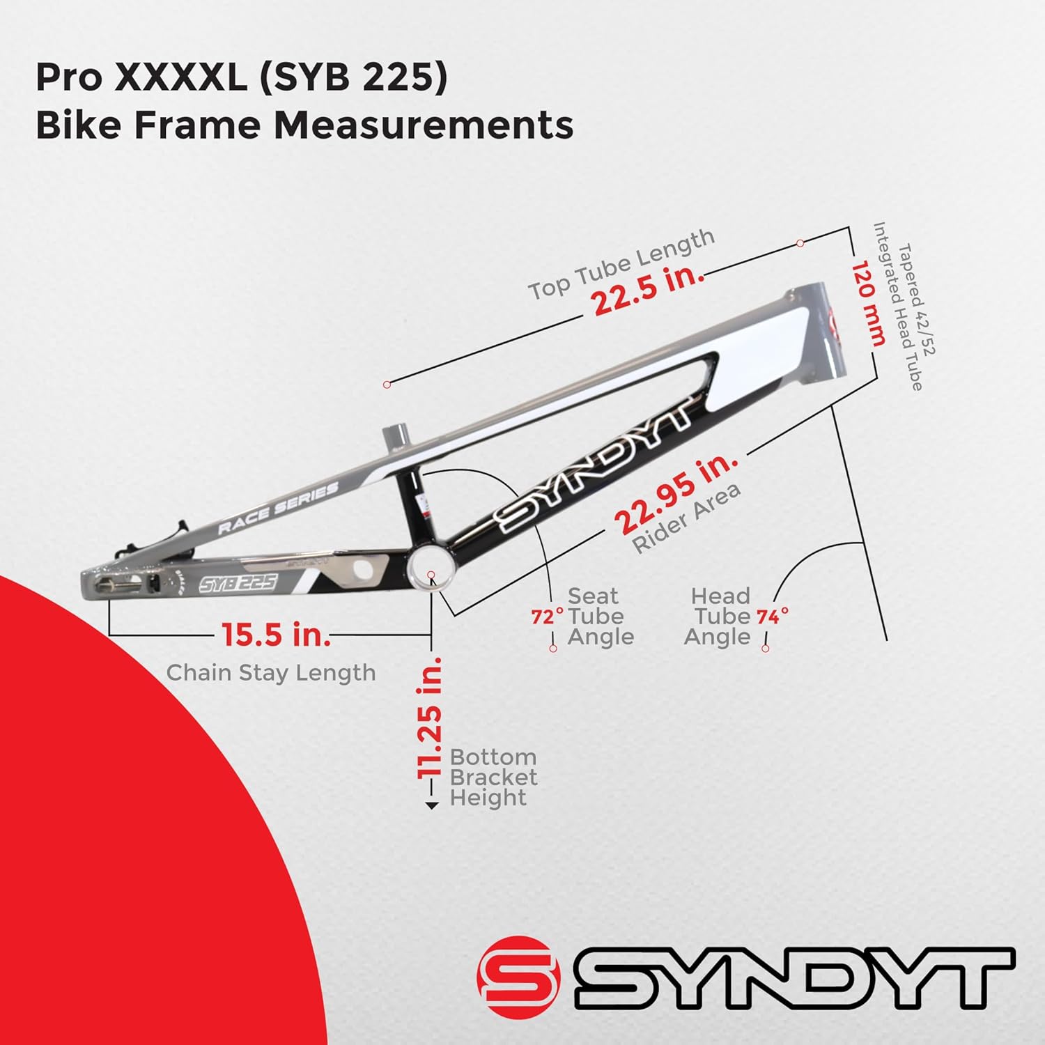 225 Pro 4XL BMX Racing Bike Frame – 22.5” Top Tube, 6061-T6 Aluminum (4.19 lbs), Tapered 42/52 Head Tube, B52 Tech BB, 10/15/20mm Hubs, 140mm Disc Brake, Chain Tensioners – Bicycle Frame