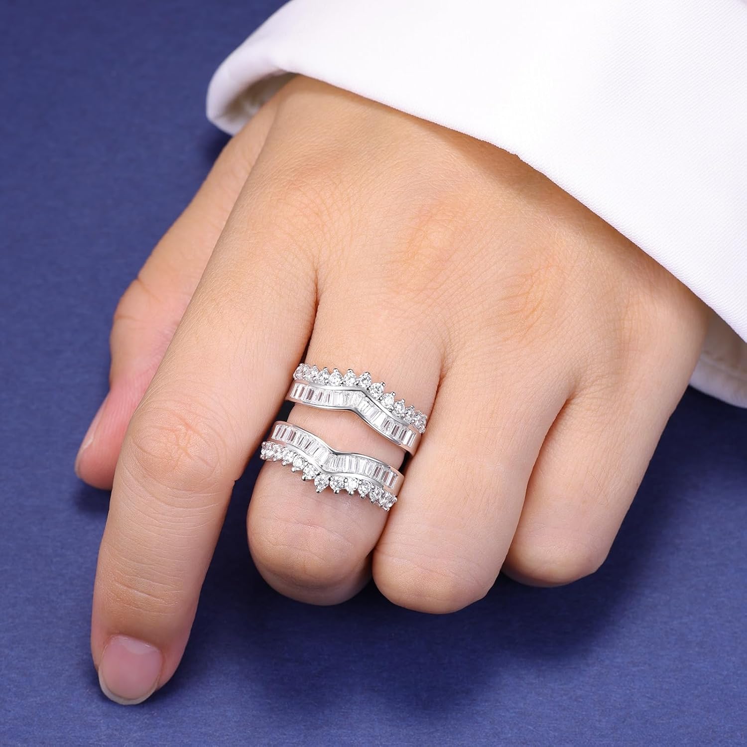 Wedding Ring Guard Enhancers Stackable Cubic Zirconia Half Eternity Curved Bands 925 Sterling Silver Size 5-10