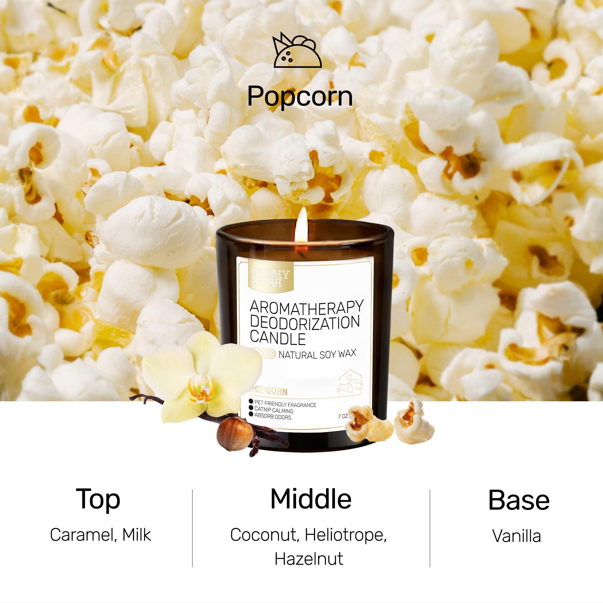 FURRYPURR Odor Eliminator Candle, Vanilla Popcorn Scented Candle, Pet-Friendly Soy Candles, 60 Hours, 7 oz - Image 2