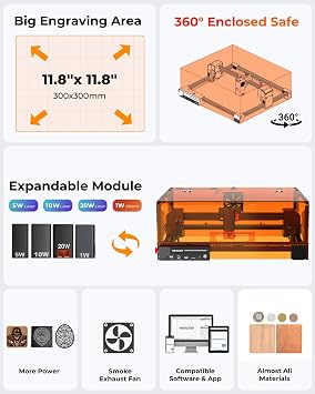 Laser Cutter and Engraver Machine, 20W Woxcker L2 MAX 0.01 High Precision 300x300mm Bed Size Laser Engraving Machine for Wood Metal Glass Leather Acrylic Class 1 laser Output: 20000 mW
