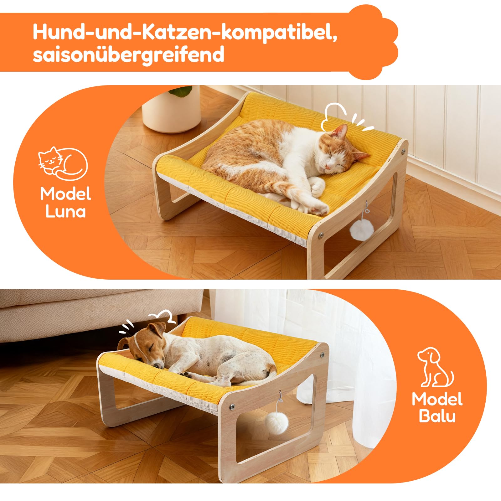 BSWAY Letto per gatti rialzato, in legno, divano per gatti giallo sole, 53 x 40 cm, alla moda, con coprimaterasso rimovibile, portata 15 kg