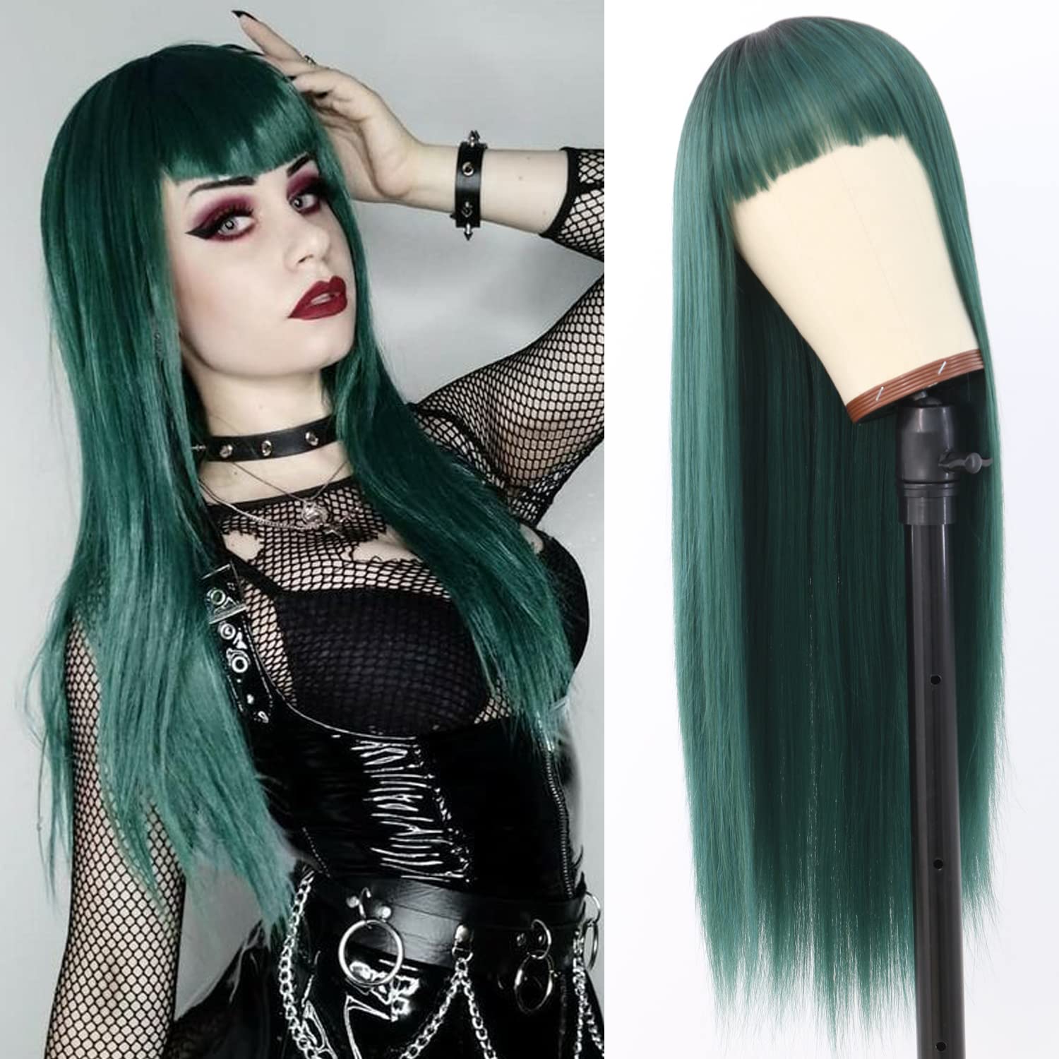 Vvan Long Straight Hair Ombre Green Straight Wigs With Bangs Heat Resistant Fiber Hair Full Machine Wig Cosplay Wig Party Wig For All Women(24 Inches Green Hair)