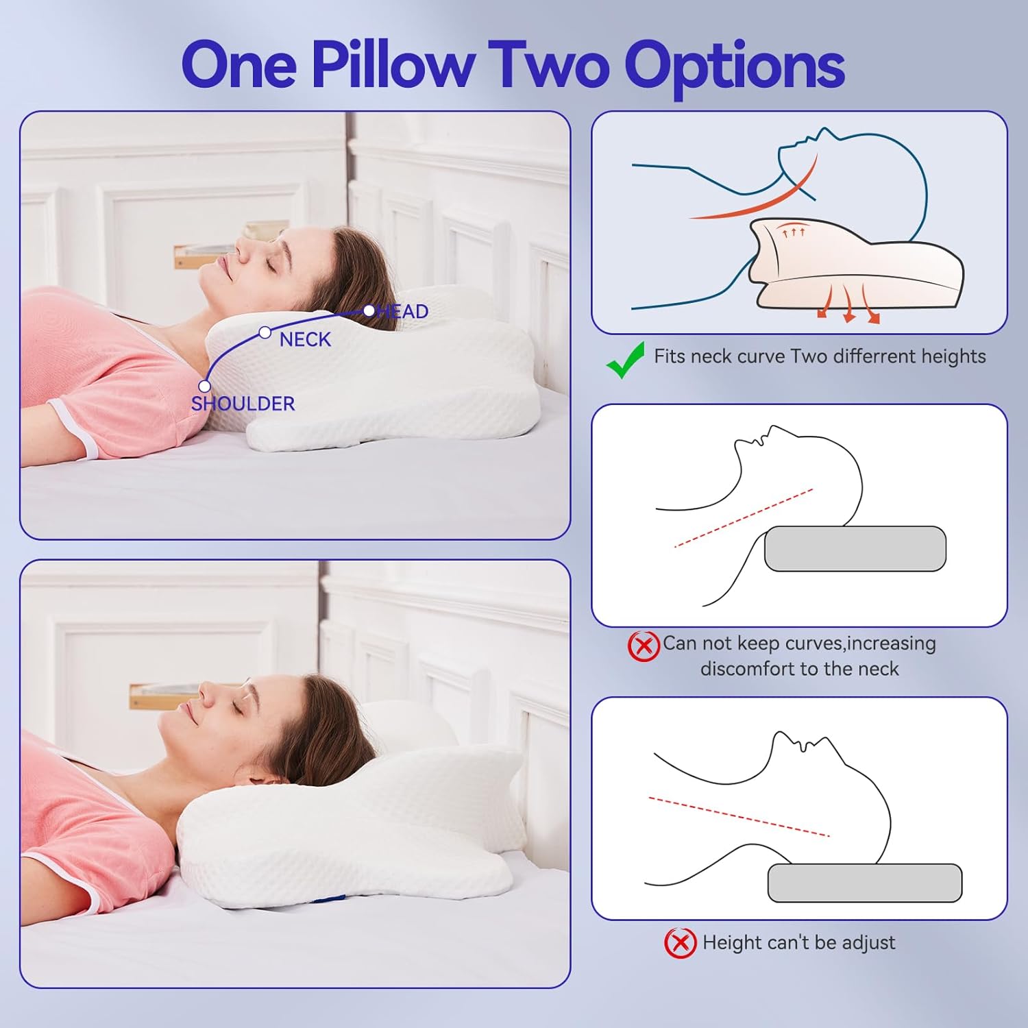 Deason Cervical Neck Pillow for Sleeping, Ergonomic Memory Foam Pillow for Neck Pain Relief, Adjustable Height Bed Pillow for Side & Back Sleepers, Ice Silk Breathable Cover, White - Image 2