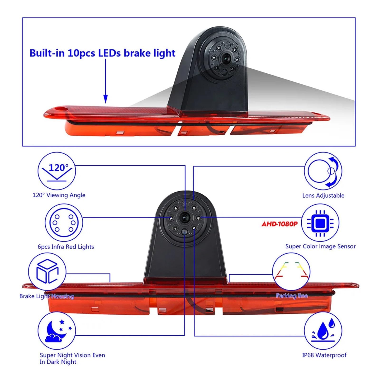 Zestaw Kamery Cofania AHD 1080P Ze Światłem Hamowania Z Monitorem Lustrzanym Wbudowana Listwa Świateł LED Stabilna Transmisja SygnałU(Suction Cup Mount)