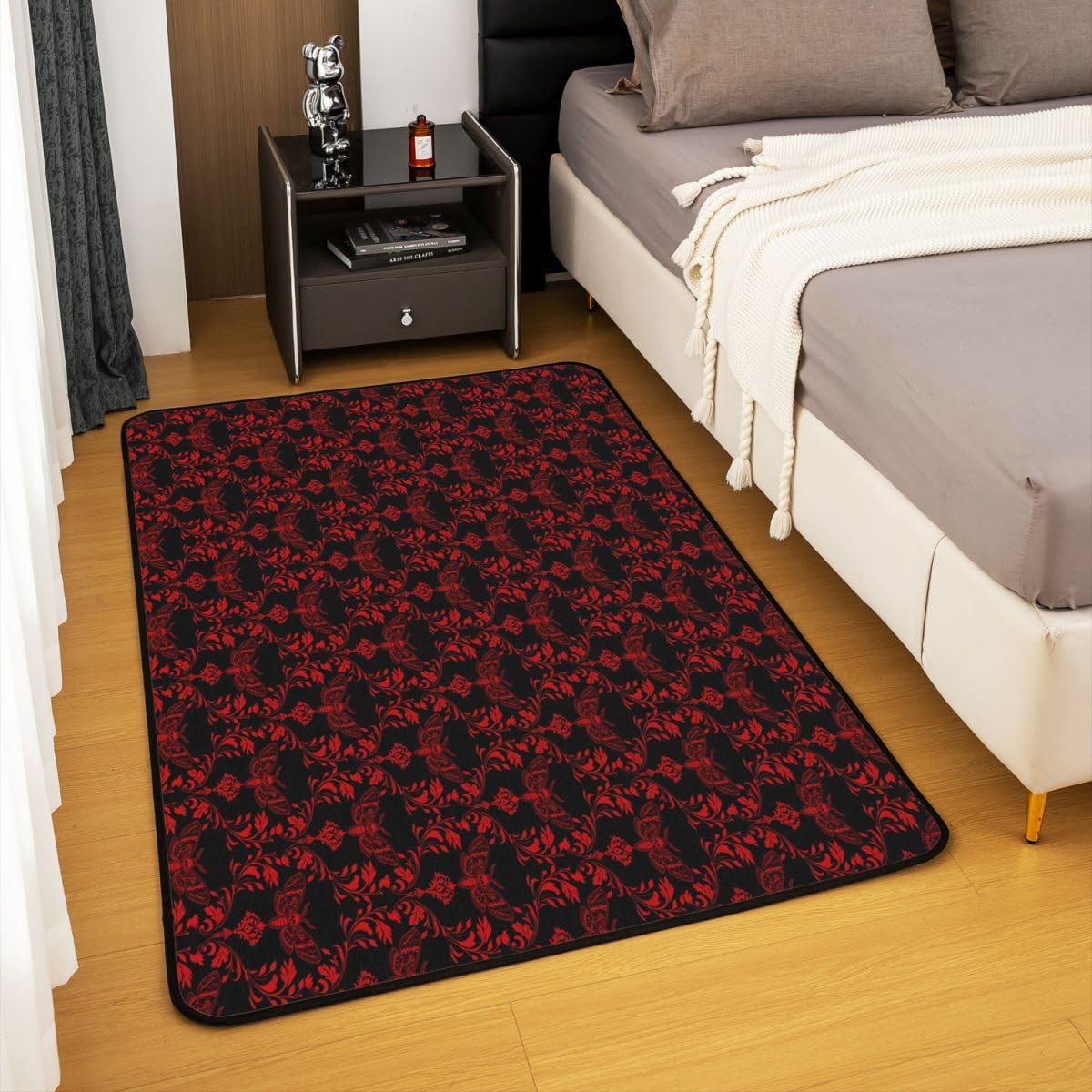 Gothic Moth 5x7 Area Rug Red Damask Living Room Rug | Baroque Victorian Rugs for Bedroom, Goth Vintage Floral Carpet Indoor Floor Mat