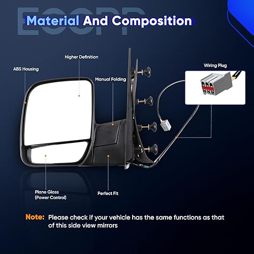 Miniatura 3 de ECCPP Espejos Laterales del Conductor, Espejos Retrovisores Traseros Izquierdos para Ford E-150 E-250 2003-2013 y para Ford E-350 E-450 Super Duty