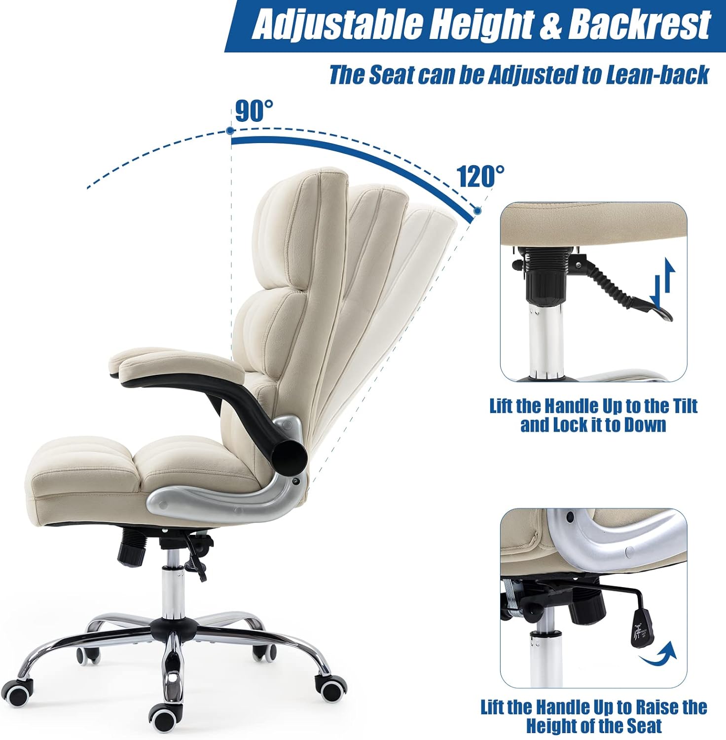 Velvet Desk Chair with Flip-up Arms, Ergonomic High Back Executive Office Chair, Comfortable Upholstered Fabric Home Vanity Chair, Beige