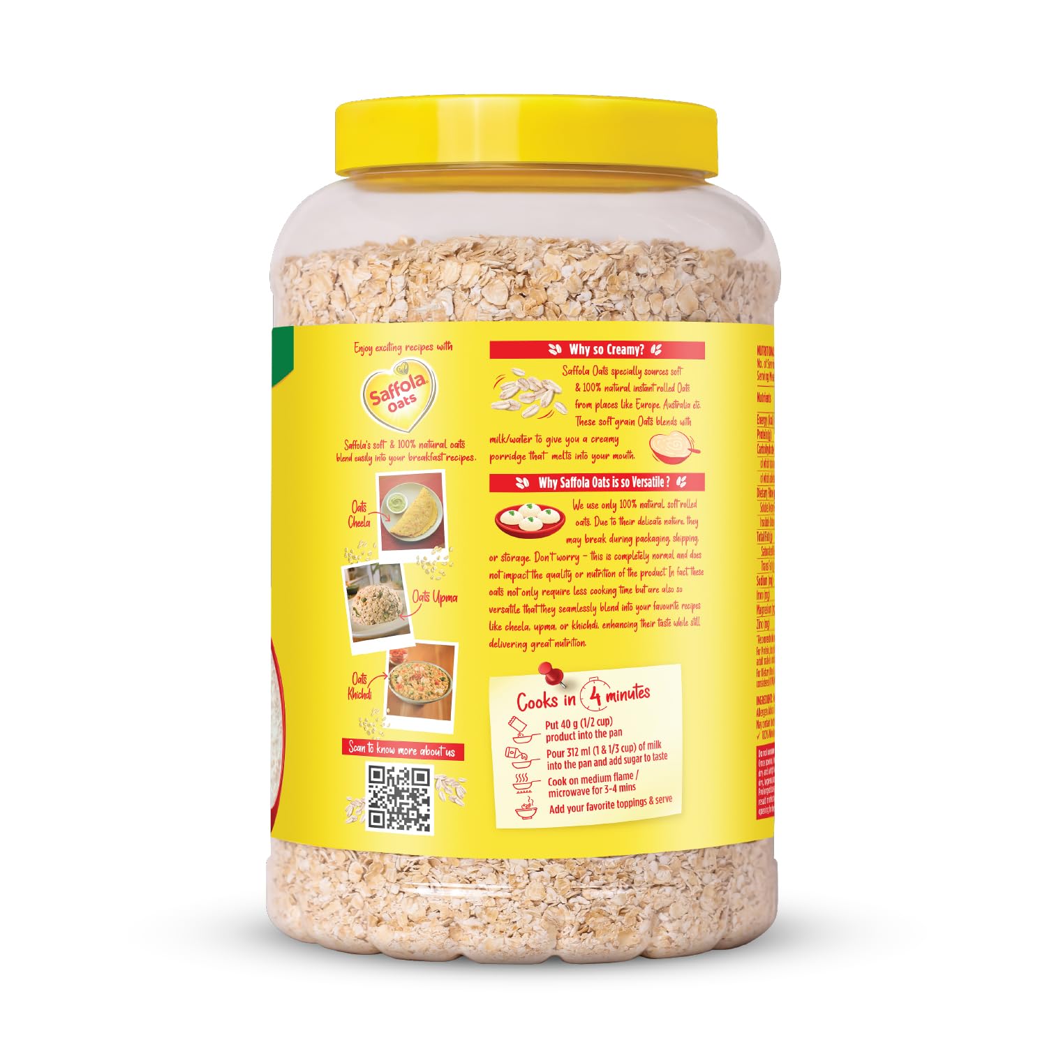 Saffola Rolled Oats | 1kg Jar | Soft & Creamy | Power of Protein, Iron & Fibre, Nutritious grain | No added sugar & Preservatives | Helps manage weight | Aids Digestion - Image 8 thumbnail