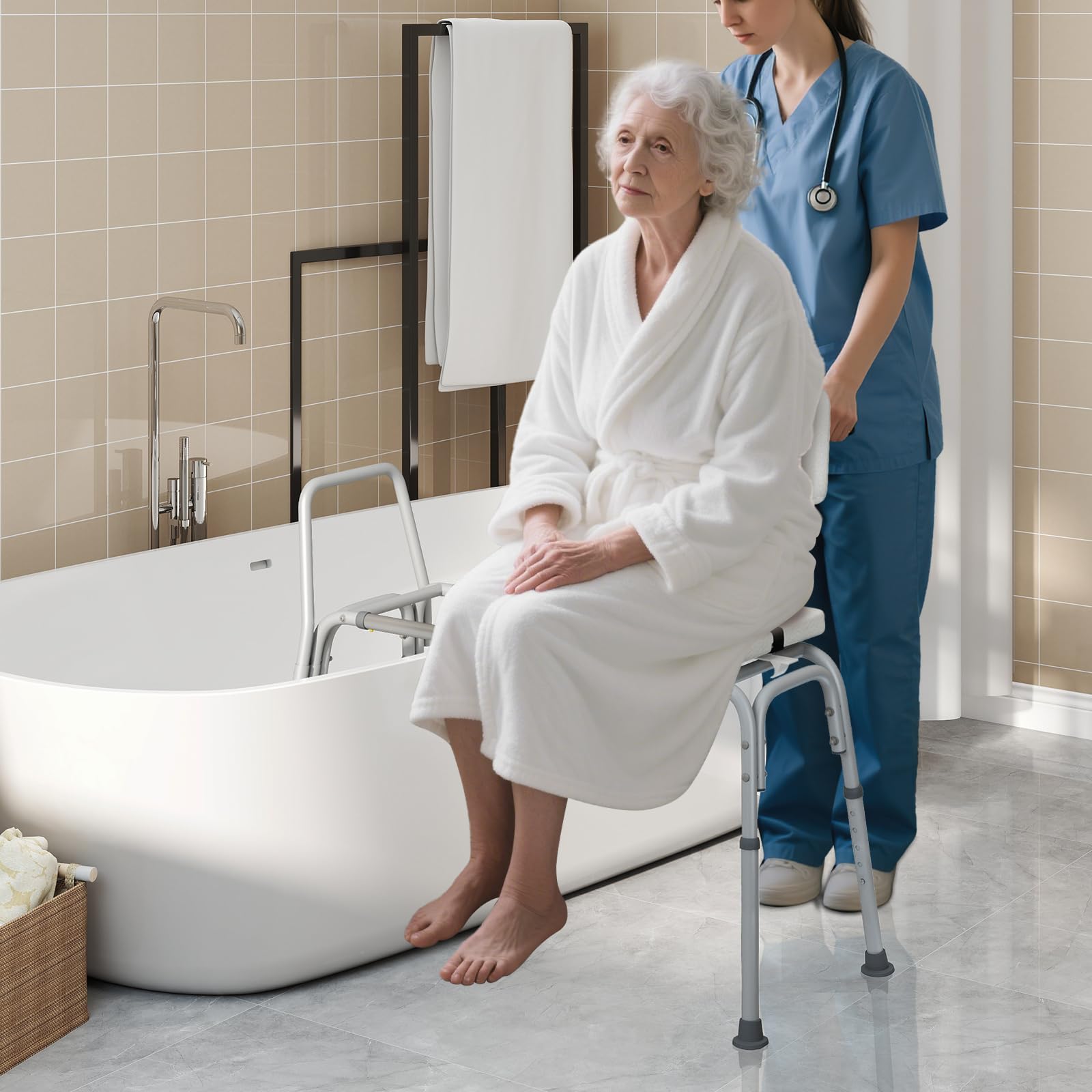 COSTWAY Banco de Baño Extraíble, Silla Ducha con Respaldo Ajustable en Altura con Asiento, Reposabrazos y Cinturón de Seguridad, Banco para Bañera Antideslizante para Ancianos y Discapacidadas