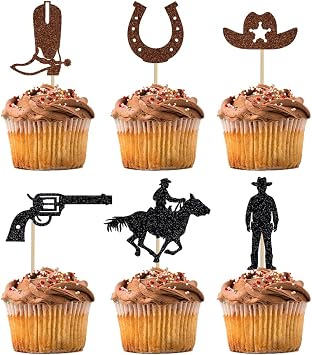 12 PCS Cowboy Cupcake Toppers Glitter HorseShoe Cowboy Hats Boots Gun cowboy Cupcake Picks Western Theme Birthday Party Cake Decorations Supplies 12 PCS Cowboy