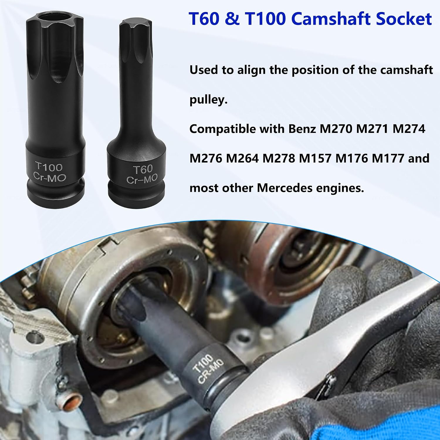 Engine Alignment Locking Timing Tool Compatible with Mercedes Benz M157/M276/M278, 4PCS Camshaft Adjuster Tool Kit, T60 & T100 Camshaft Scoket, Fuel Injector Puller, Fuel Injector Seal Install Tool