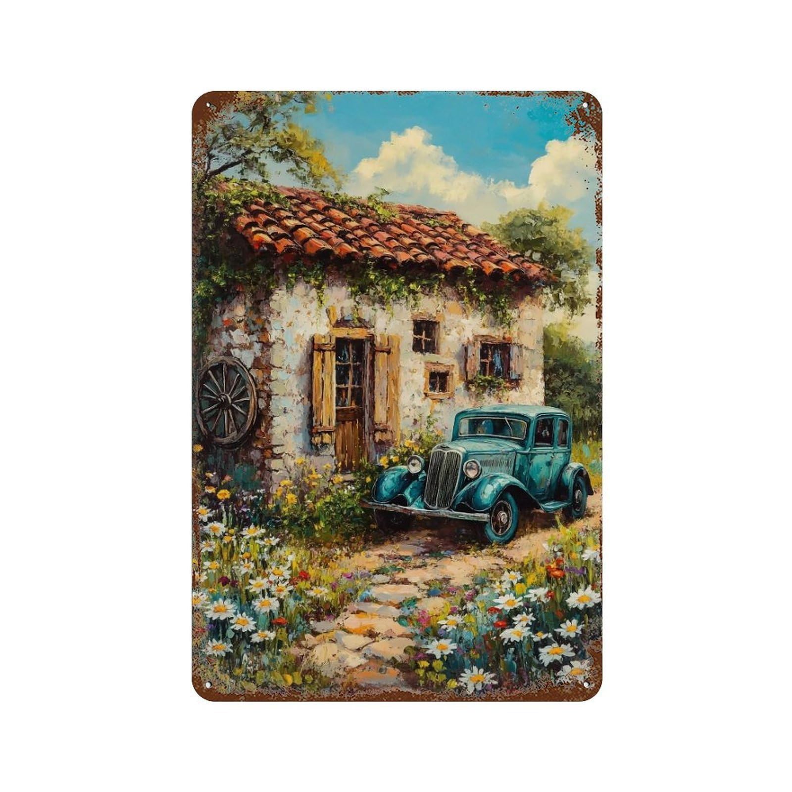 HDURYEYRYY Rural Stone House Old Automobile 03 Wall Retro Iron Vintage Art Metal Tin Sign Poster Modern Home Cofffee Club Art Bar Shop Decor 30x20cm