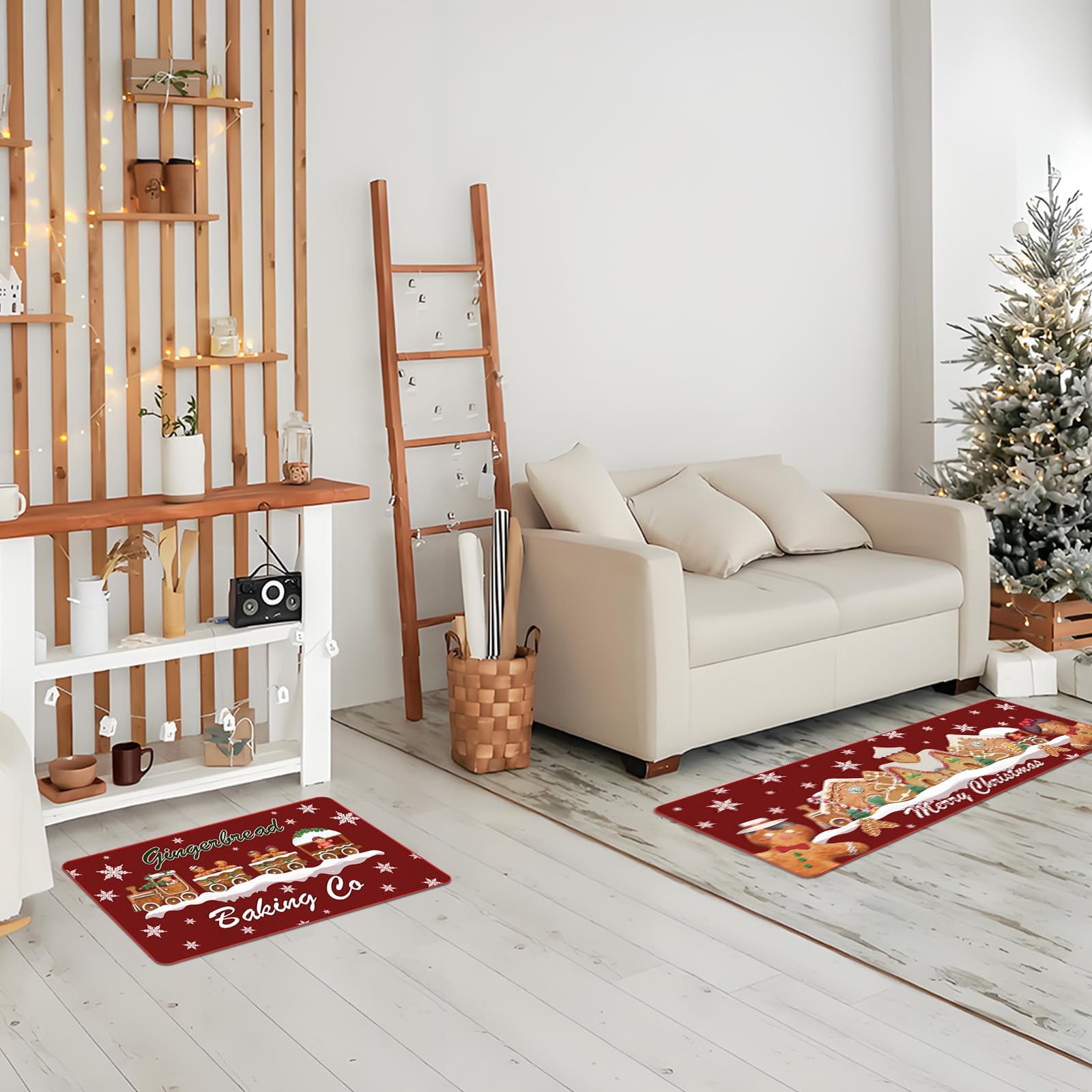 Set di 2 tappetini e tappeti natalizi a forma di pan di zenzero, decorazioni natalizie, per la casa e la cucina in fattoria