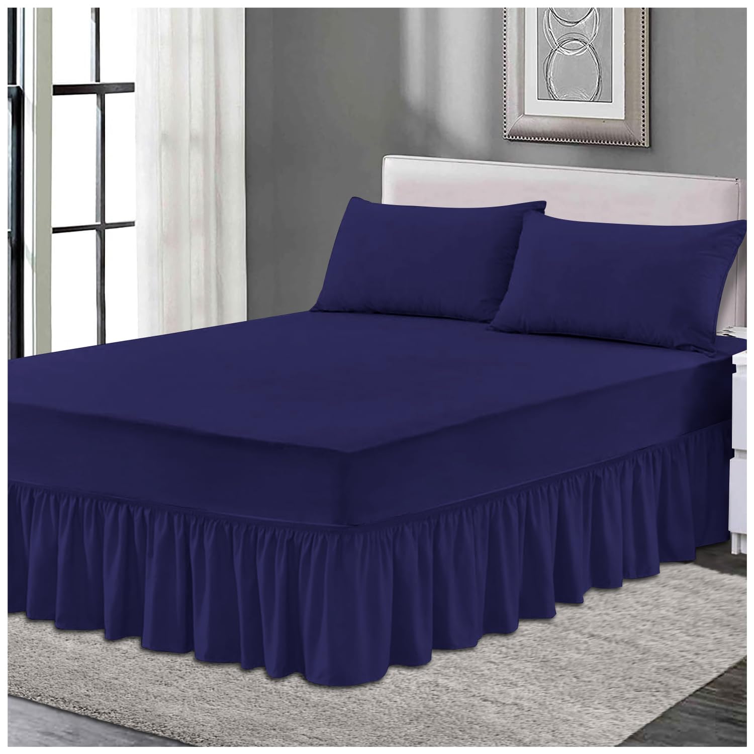 Gc Gaveno Cavailia Navy Plain Elastic Bed Valance Sheet, Ruffles Bed Skirt Sheets, Ultra Soft Bedskirts Valance Bedsheets,