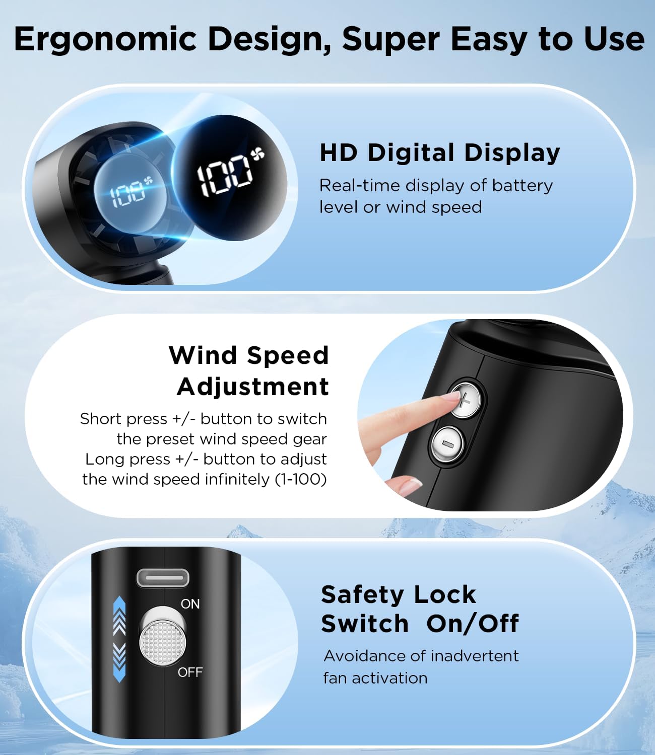 Portable Handheld Fan, 100-Speed Adjustable Mini Turbo Fan, 6000mAh Rechargeable Battery, 30000RPM Strong Airflow Personal Pocket Design with LED Display, Outdoor/Travel Essentials for Women Men - Image 7