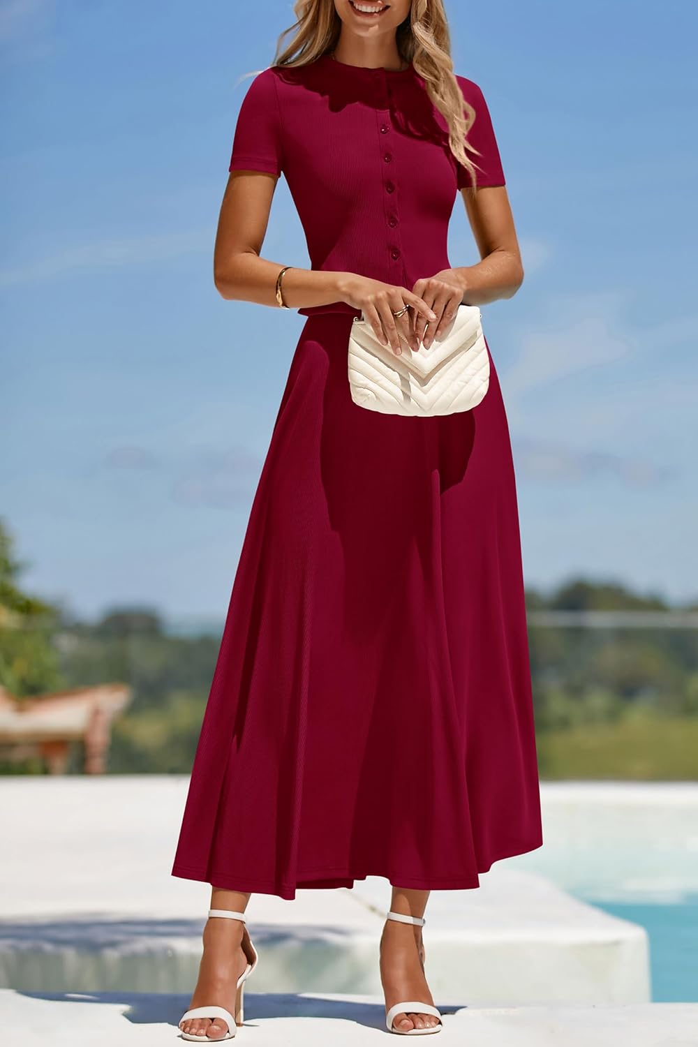 PRETTYGARDEN Women's 2 Piece Skirt Sets Summer Short Sleeve Button Up Knit Crop Top Flowy Maxi Skirts Travel Vacation Outfits - Image 8