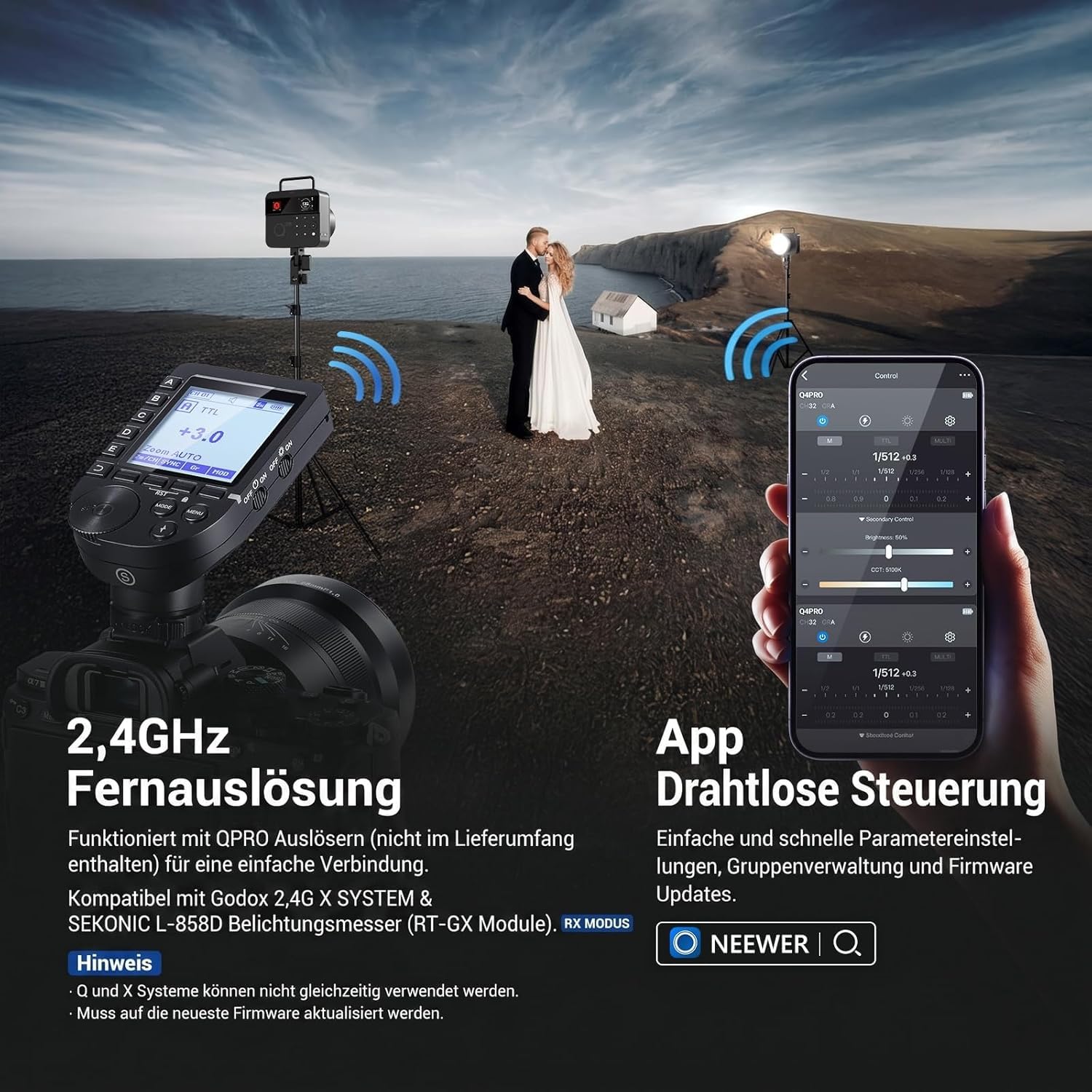 NEEWER Q4PRO 400W 2,4G TTL Outdoor Studio Flaschenstrobe, kompatibel mit Godox, APP Control Licht, 1/8000 HSS 6000K 2800mAh Dual Screen Monolight Bowens Montage/0,01–1,2 s Recycle/30W Modellierlampe