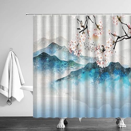 Miniatura 3 de CHui DECOR Cortina de ducha asiática rosa flor de cerezo japonés, montaña brumosa, lago, paisaje oriental, cortina de baño de poliéster con ganchos