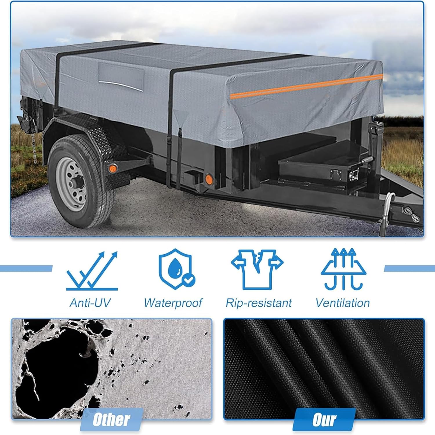 Heavy Duty RV & Trailer Cover, Travel Trailer Toy Hauler & Camper Cover 420D Dust and UV Protection with Tongue Jack Protection Windproof Straps,Grey,7 * 12:(365 * 213 * 60CM)