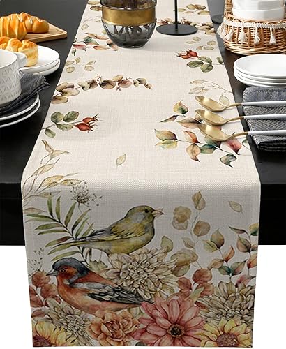Fall Birds Camino de mesa de eucalipto de 72 pulgadas de largo, algodón y lino, bufandas de tocador, bufandas de tocador, hojas rústicas vintage,