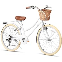 Glerc 20 24 26 Inch Beach Cruiser Bike, 6-Speed Hybrid City Bicycle for Girls Youth and Over 6 Years Old, Missy Bike with Wicker Basket & Lightweight, Multiple Colors