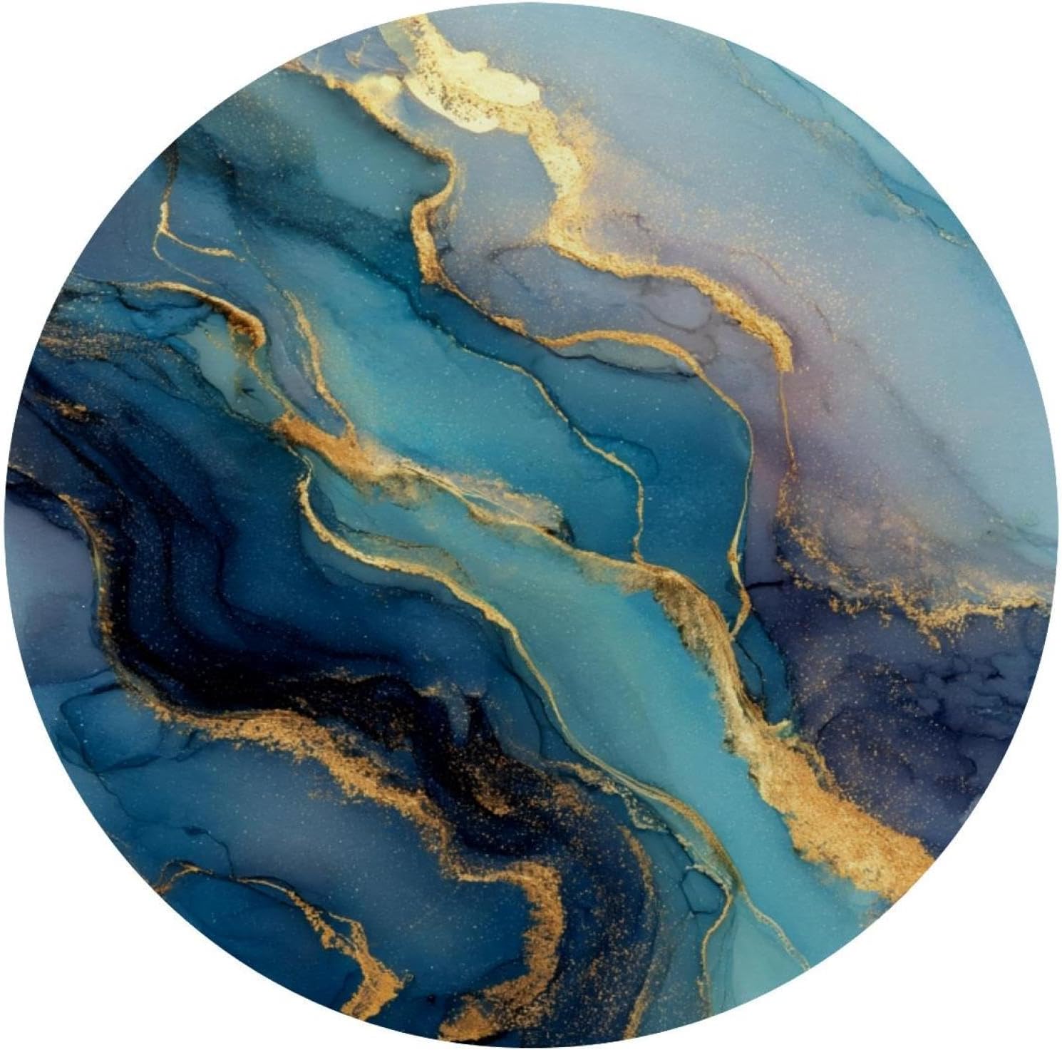 Round Mouse Pad for Women Men, 10’’ Round Desk Pad Mousepad Non-Slip Rubber Base, Office Home Laptop Accessories, Abstract Blue Ocean Waves Marble with Golden Lines