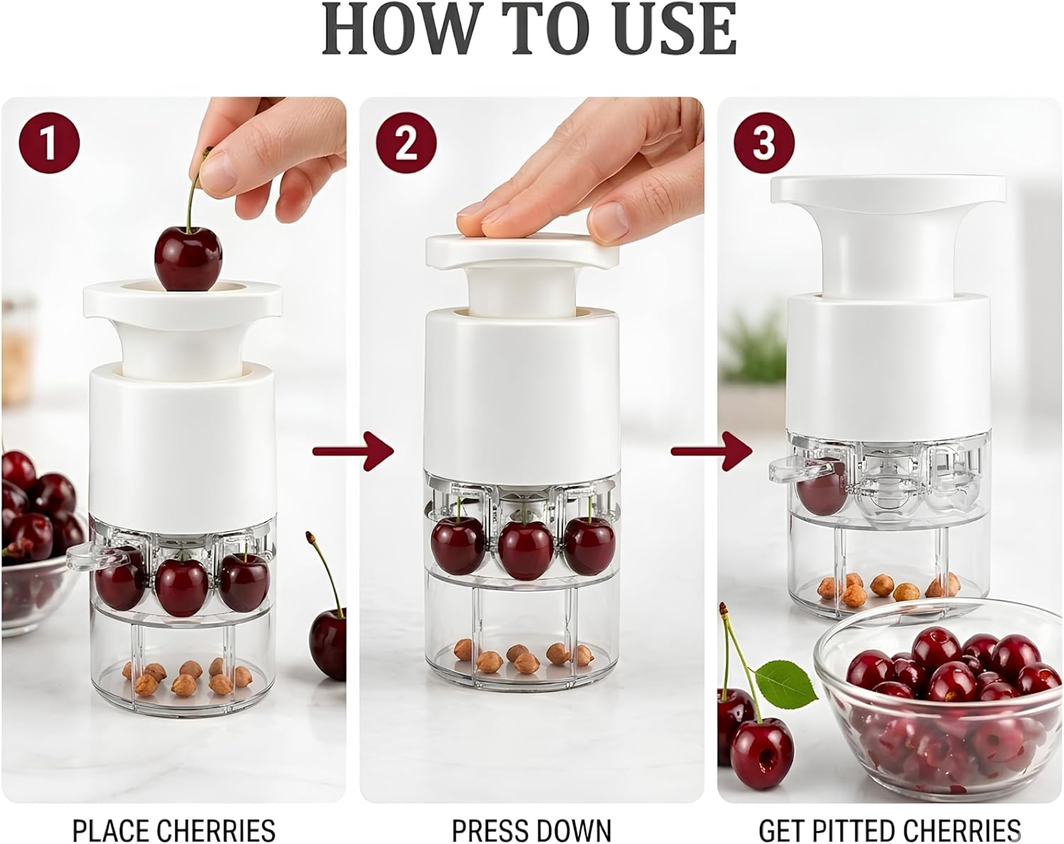 Cherry Pitter Tool, 7 Cherries at Once Pit Remover with Catcher, White