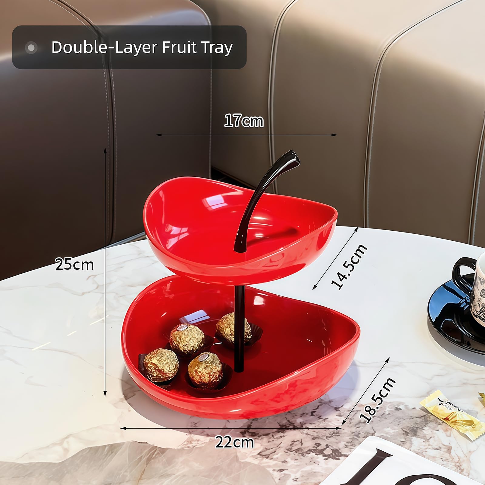 Bandeja de frutas de doble capa Cuenco de frutas de cerámica de 3 niveles Cuencos de cerámica de varias capas con soporte de metal, bandeja para servir,Rojo,Double Layer
